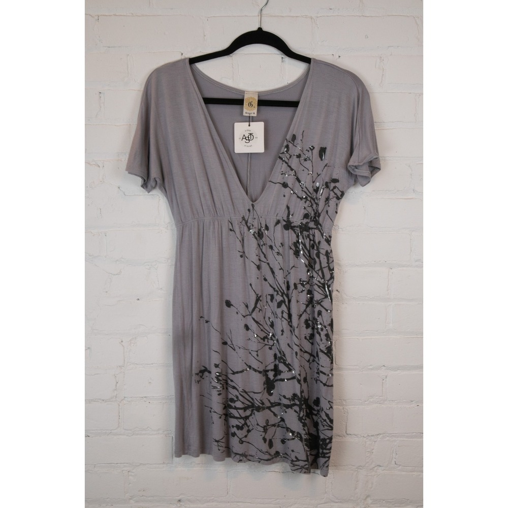 Ginger G Womens Gray Sequin Branch Graphic V-Neck Empire Waist Mini Dress S